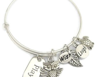 PLAY WISH LAUGH Owl, Stackable Charm Bangle Bracelet, Adjustable Wire Bangle,Stackable, One Size Fits Most