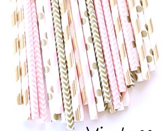 Light pink and gold paper straws-set of 25- Vintage pink and gold, baby shower pink straws, vintage weddings, bridal showers, pink and gold