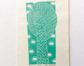 linocut - TREE // 5x7 art print // printmaking // block print // turquoise // original art // 4x6 // small, miniature // nature print