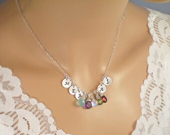 5 Birthstones and Personalized Initial Necklace, Stone Choice Sterling Silver Necklace, Mother Child Necklace