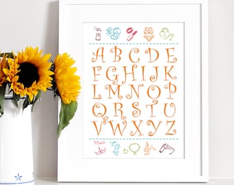 Nursery Art Alphabet Print ABC Art Printable Wall Art Alphabet Poster Orange Calligraphy Letters Baby Girl Gift Wall Decor Digital Download
