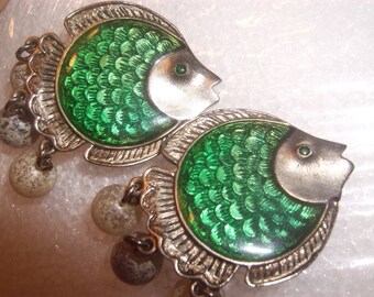 Cool Signed CRAFT Huge Fish Earrings Emerald Green Enamel Guilloche Stained Glass Like Dangle Cha Cha Balls Beads Rhinestone Eyes Gem Craft