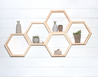 Hexagon Shelf, Wood Shelf, Honeycomb Shelves, Geometric Floating Shelf