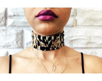 Reworked vintage woven shades of melanin fabric choker