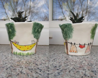 Pot à été jour peint à la main avec pinces paresseux avec hamac et corde à linge fleur Pot succulentes planteur Succulent bol en céramique pot cactus Candy
