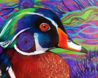 original art color pencil drawing colorful zentangle wood duck