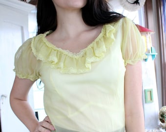 S A L E- Yellow Sheer 1950's Top With Scalloped Detailing