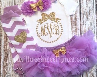 Personalized Monogrammed Baby Girl Outfit Purple Gold Glitter | Lavender 1st Photo Shoot Smash Cake | Monogrammed Leg Warmer Tutu Bloomer