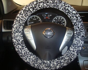 Black and White Damask Print Steering Wheel Cover