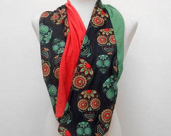 Red and Green Sugar Skulls on Black Infinity Scarf