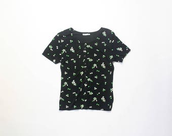 1990s Stretch Blouse 90s Floral Shirt Top Soft Grunge Pastel Goth Flower Print Spandex Baby Tee Thin + Stretchy Black Gothic Y2K Small