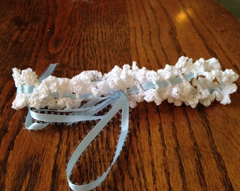 White Crocheted Garter with Blue Ribbon