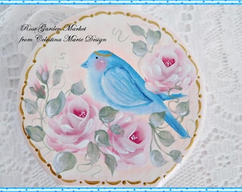 Blue Bird In the Roses Bottle Accent Art, Home Decor, Shabby Romantic Cottage Decor, Hand Painted Pink Roses, ECS