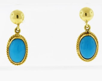 Oval Turquoise Drop Earrings - 18k Yellow Gold Earrings