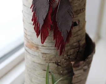 Reclaimed leather feather earrings-Cardinal Red and Mourning Dove Grary