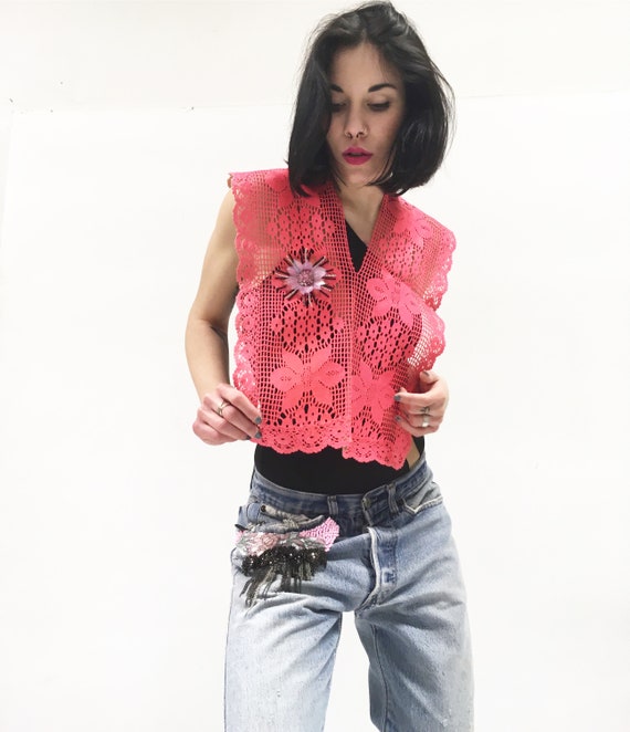 Red Fuchsia Pink Cotton Crochet Shawl LOLADARLING Handmade Hand dyed and Laminate effect Flower Embroidery One-of-a-kind Luxury Upcycled