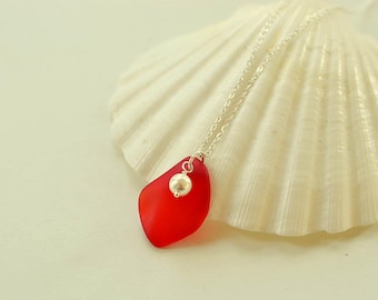 Red sea glass necklace Christmas gift ideas jewelry red pendant with pearl and sea glass anniversary gift for wife mom bridesmaids jewelry