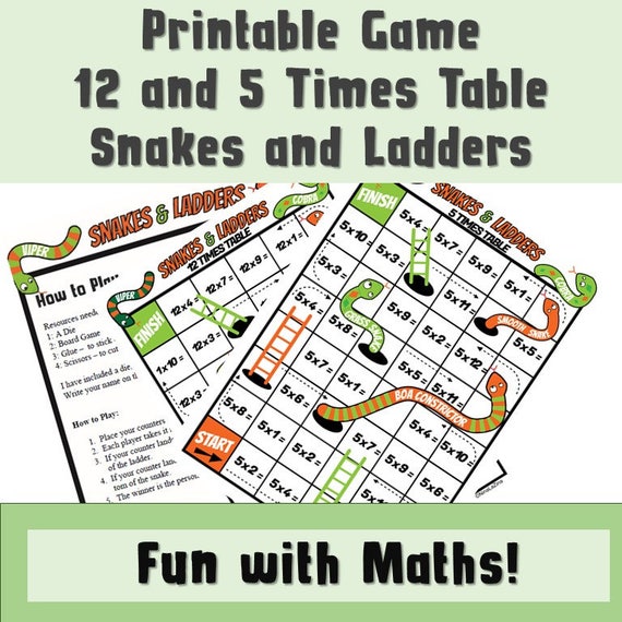 12 and 5 Times Tables Snakes and Ladders Printable ks2/