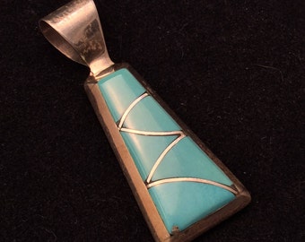 Vintage Sterling Silver Signed Turquoise Inlay Pendant Slider, Blue Turquoise Pendant