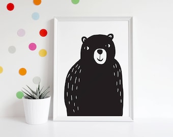 Black Bear Art Print – 8x10, 11x14, 13x19 – Modern Black and White Children's Room, Nursery, Playroom Illustration