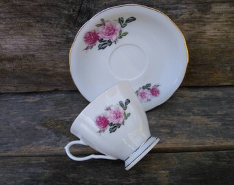 Tea Cup and Saucer, Nanjing China, Romantic, Roses, Cottage Style Decor, Shabby Chic, Tea Party, Gold Trim, Pagoda Mark, Mother's Day