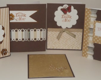 Thank You Cards, Set of 5, Brown, Tan, embellished, blank inside