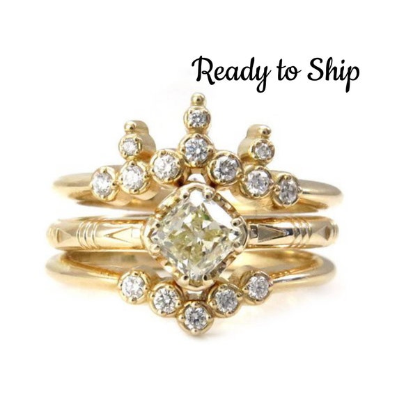 Ready to Ship Size 6-8 - Natural Yellow Diamond Solitaire with Stacking Diamond Wedding Bands - 14k Yellow Gold