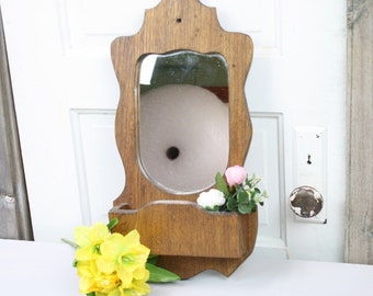 Oak Wall Mirror Pocket Shelf Catch All Vintage Carved Medium Tone Wood Country Farm Fixer Upper Chic Home Decor