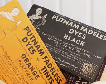 Vintage Halloween Craft Supply PUTNAM FABRIC DYE Packets - Set of 3 - Black, Orange & Purple