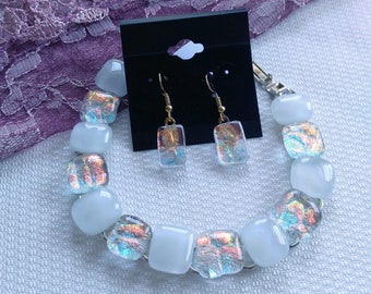 Peach Dichroic Bracelet Set-Dichroic Bracelet & Earring Set-Dichroic Jewelry-Dichroic Jewelry Set-Jewelry Sets