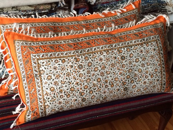Set of two handmade orange tapestry pillow cover, floral design in calico fabric and irish linen 16 x 30 inches