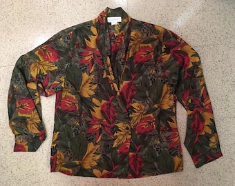 80s Tropical Jungle Blouse with Double-Breast Button Front and Shawl Collar