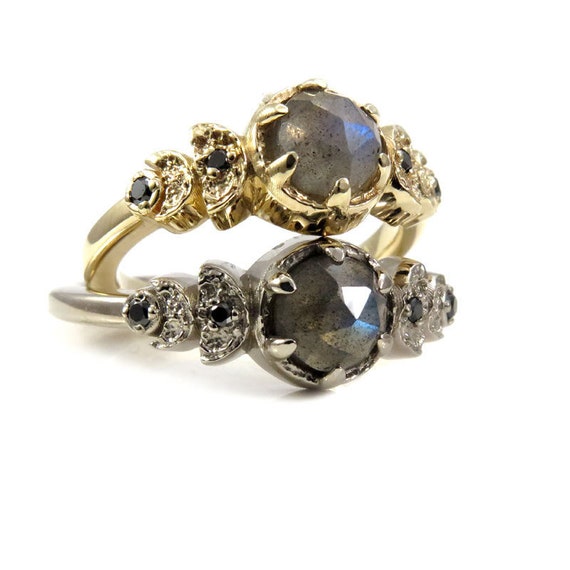 Moon Phase Labradorite and Black Diamond Engagement Ring