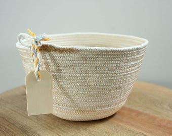Basket rope coil yellow gold stripe thread natural bin storage organizer bowl wooden tag by PETUNIAS