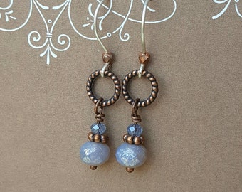 Handmade Earrings, Simple and Elegant, Czech Glass Beads, Blue, Silver and Copper