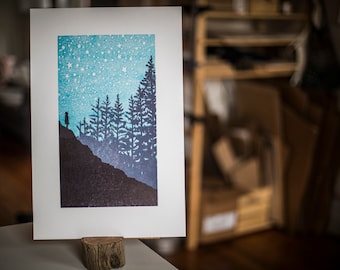 woodcut print // looking up // stars forest trees mountains stargazing // handmade print by black wood print shop