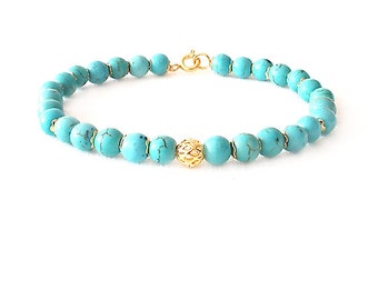 Gold Gemstone Bracelet - Magnesite - Turquoise, Gold - The Stoned: Speckled Filigree 6mm Round