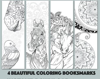 instant download bookmark coloring horse animal flower