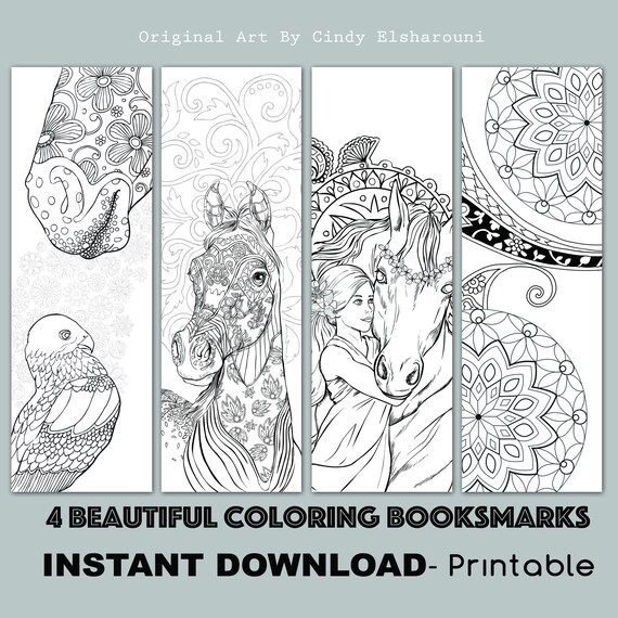 instant download bookmark coloring horse animal flower