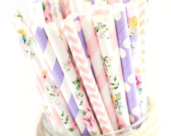 Pink and Purple Floral paper straws-set of 25- garden party straws, tea party straws, flower straws, floral straws, vintage floral straws
