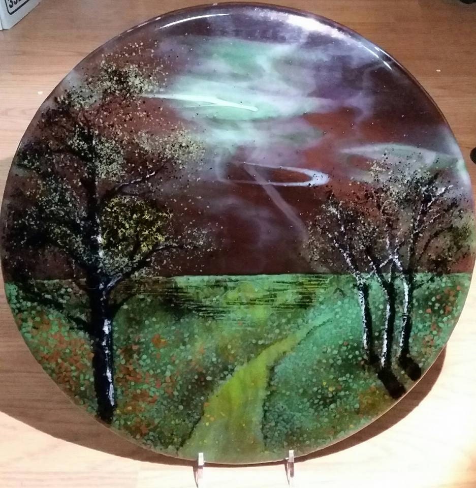 Fused Glass Landscape Art Wall Hanging Trees Moon Night