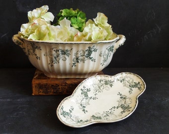 1895 Antique Large french Soup Tureen ironstone serving bowl with little serving dish. Longwy. Cie Franco Anglaise. Table centerpiece