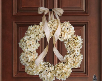Cream Hydrangea Wreath | Front Door Wreaths | Winter Wreaths | Spring Wreath | Wedding Wreaths | Outdoor Wreath