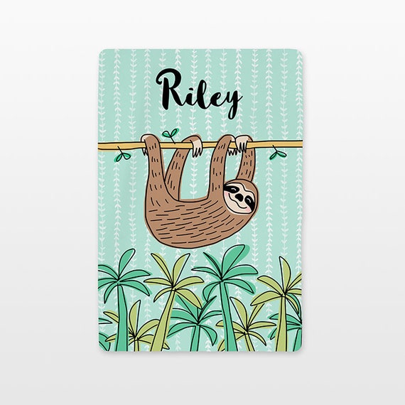Sloth Personalized Baby Blanket Name Custom Gender Neutral Baby Boy Baby Girl Minky Fleece New Baby Gift Idea Tropical Animal Mint Green