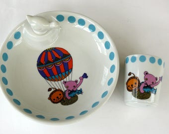 Vintage French Porcelain Warming Bowl for Baby and Matching Cup, Limoges Porcelain, French Baby Food Bowl, Baby Plate, Baby Shower Gift