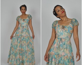 1970s Pastel Floral Maxi dress by House of Bianchi of Boston | vintage 1970s dress | floral 1970s dress