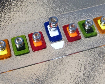 Glass Menorah, Hanukkah Menorah, Fused Glass Colorful Menorah in Red, Green, Orange, Yellow, Turquoise, Blue and White, Bat Mitzvah Gift