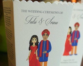 Indian Emoji Wedding Program Popcorn Box, Rose Petal Box, Personalized Bitmoji Hindu Wedding Program