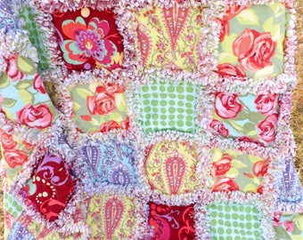 Flannel Lap Rag Quilt - Amy Butler Love Fabrics - Florals, Dots, Swirls - Flannel Quilt - Floral Rag Quilt - Gift for Her