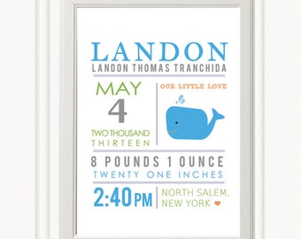 8 x 10 - Custom Birth Announcement Print - Whale Wall art